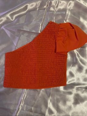 SHEIN One-Shoulder Orange Smocked Crop Top with Puff Sleeve